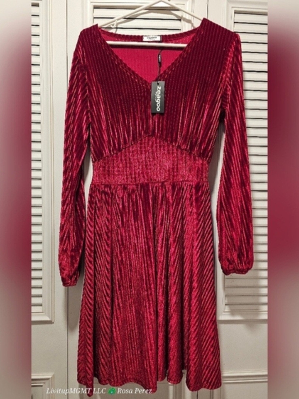 zeagoo Red Velvet V-Neck Long Sleeve Fit-and-Flare Dress